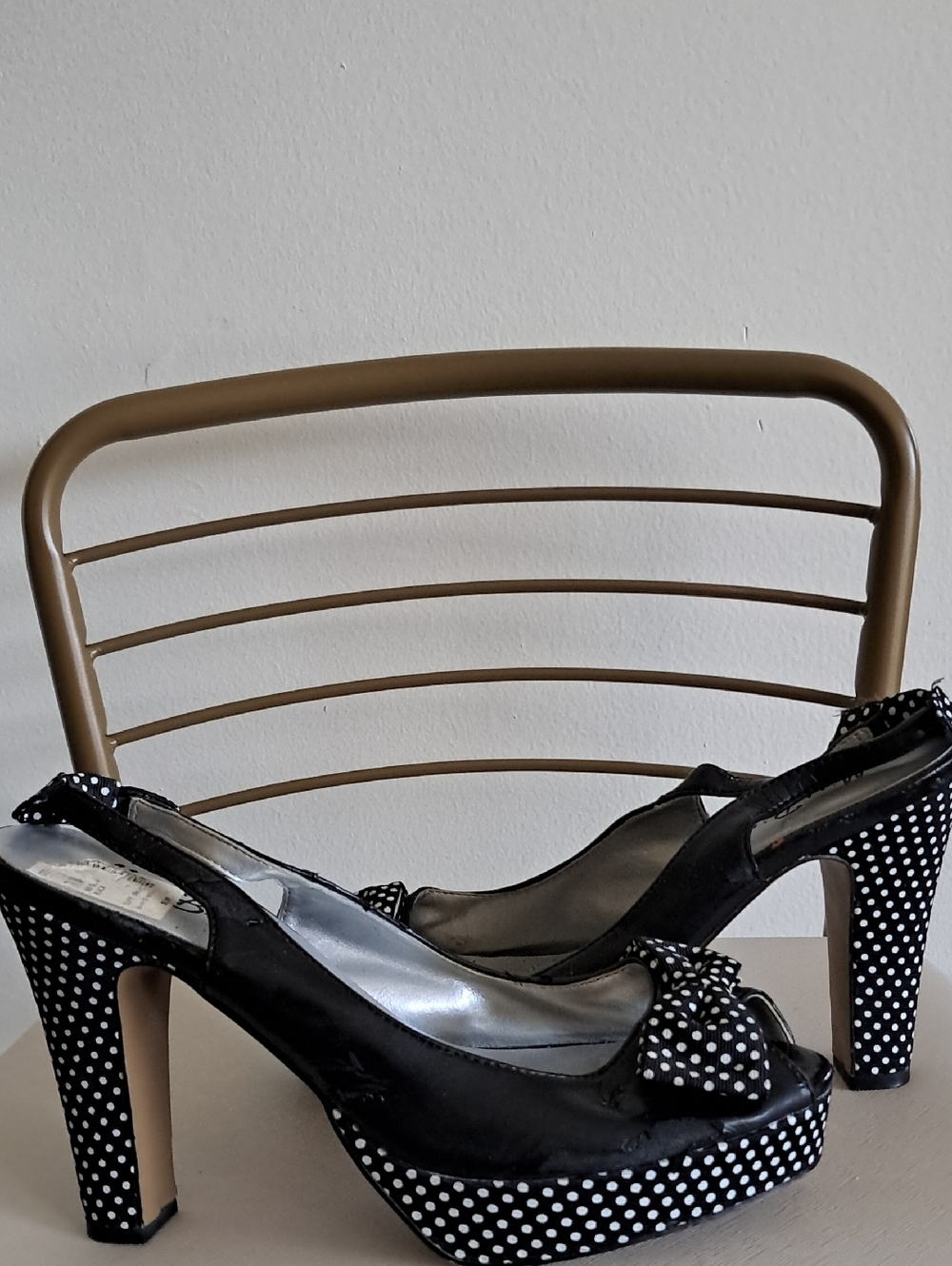 Black Polka Dot Platform Peep-Toe Slingback Heels